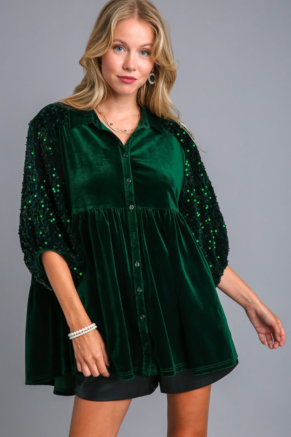 Alyssa Sequin Detail Tiered Back Half Sleeve Shirt