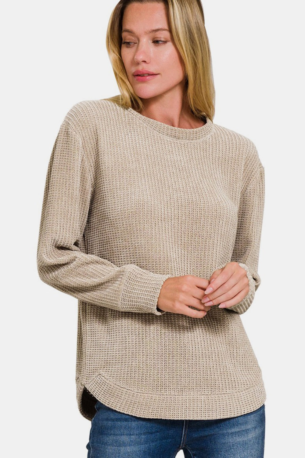 Maddie Chenille Waffle Round Neck Sweater in Ash Mocha