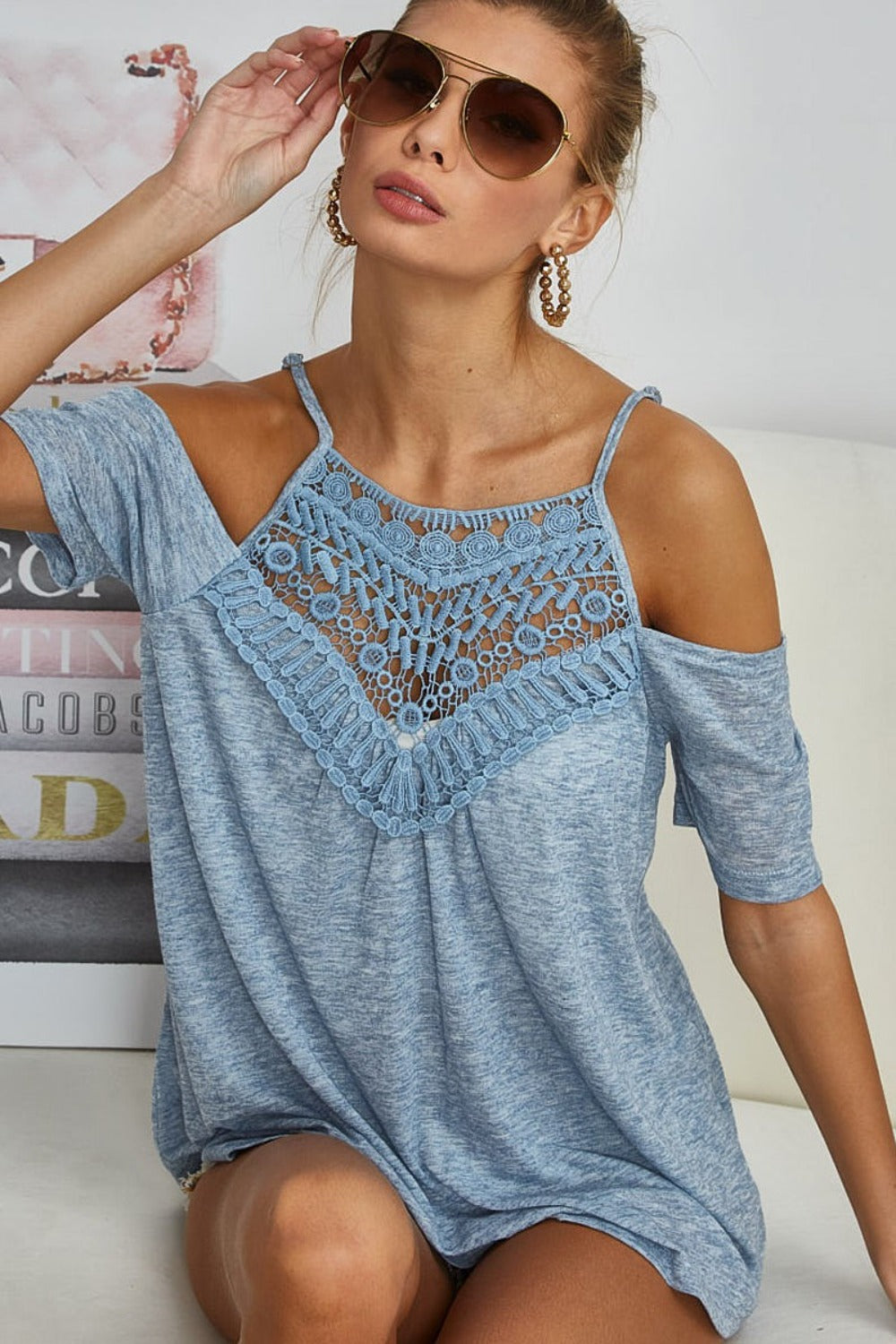 Asha Front Crochet Lace Top in Vintage Denim