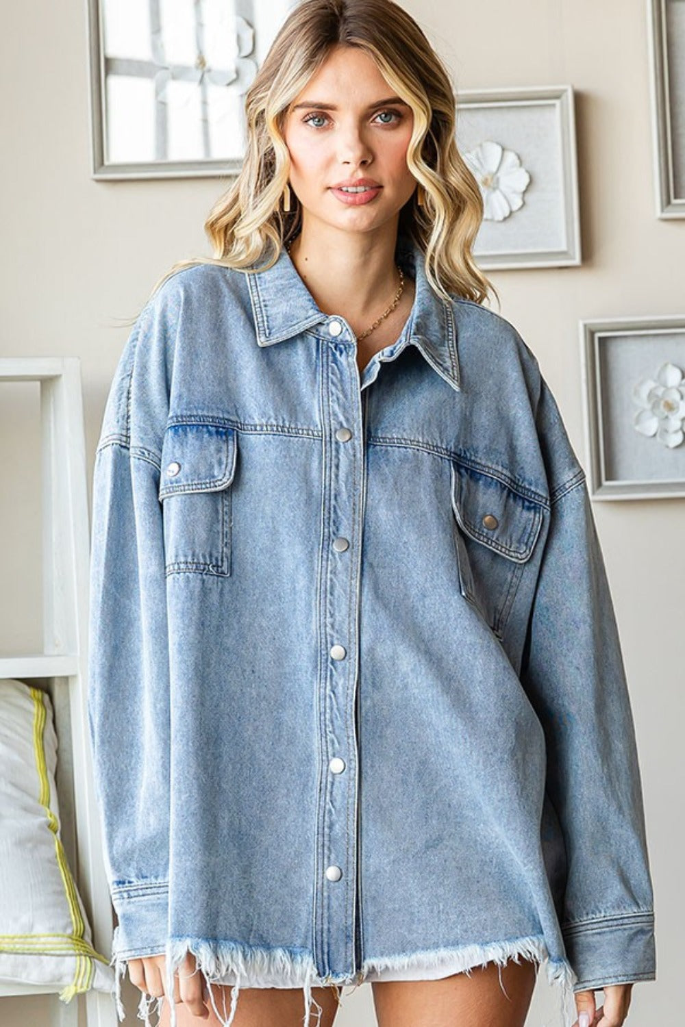 Sweet Smiley Face Button Down Raw Hem Denim Jacket