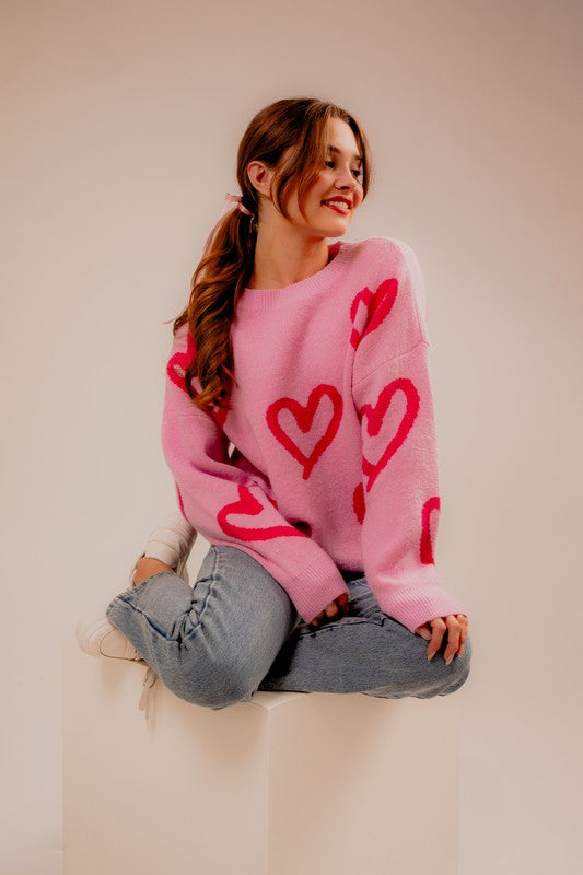 Vienna Round Neck Heart Printed Sweater