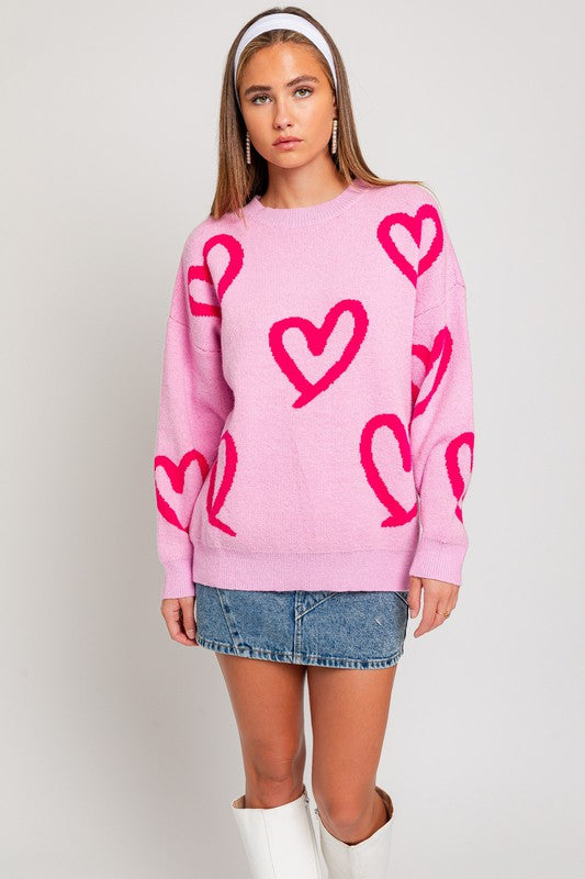 Vienna Round Neck Heart Printed Sweater