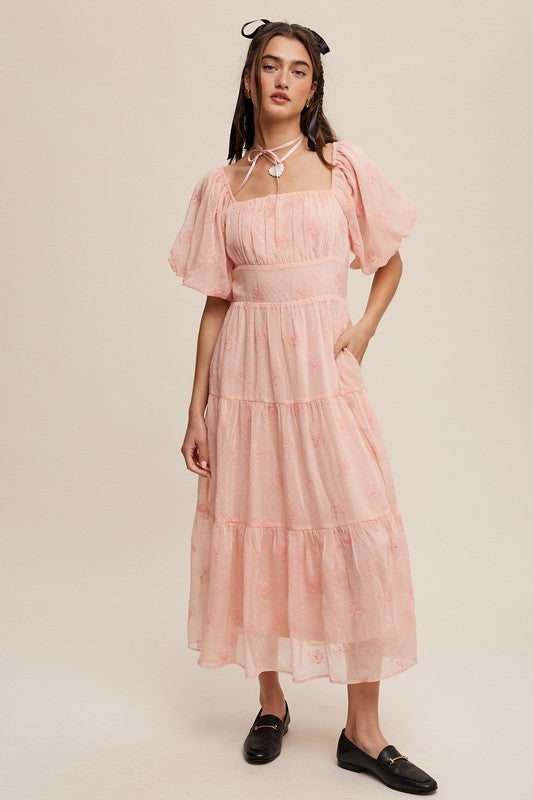 Flower Embroidered Puff Sleeve Tiered Dress