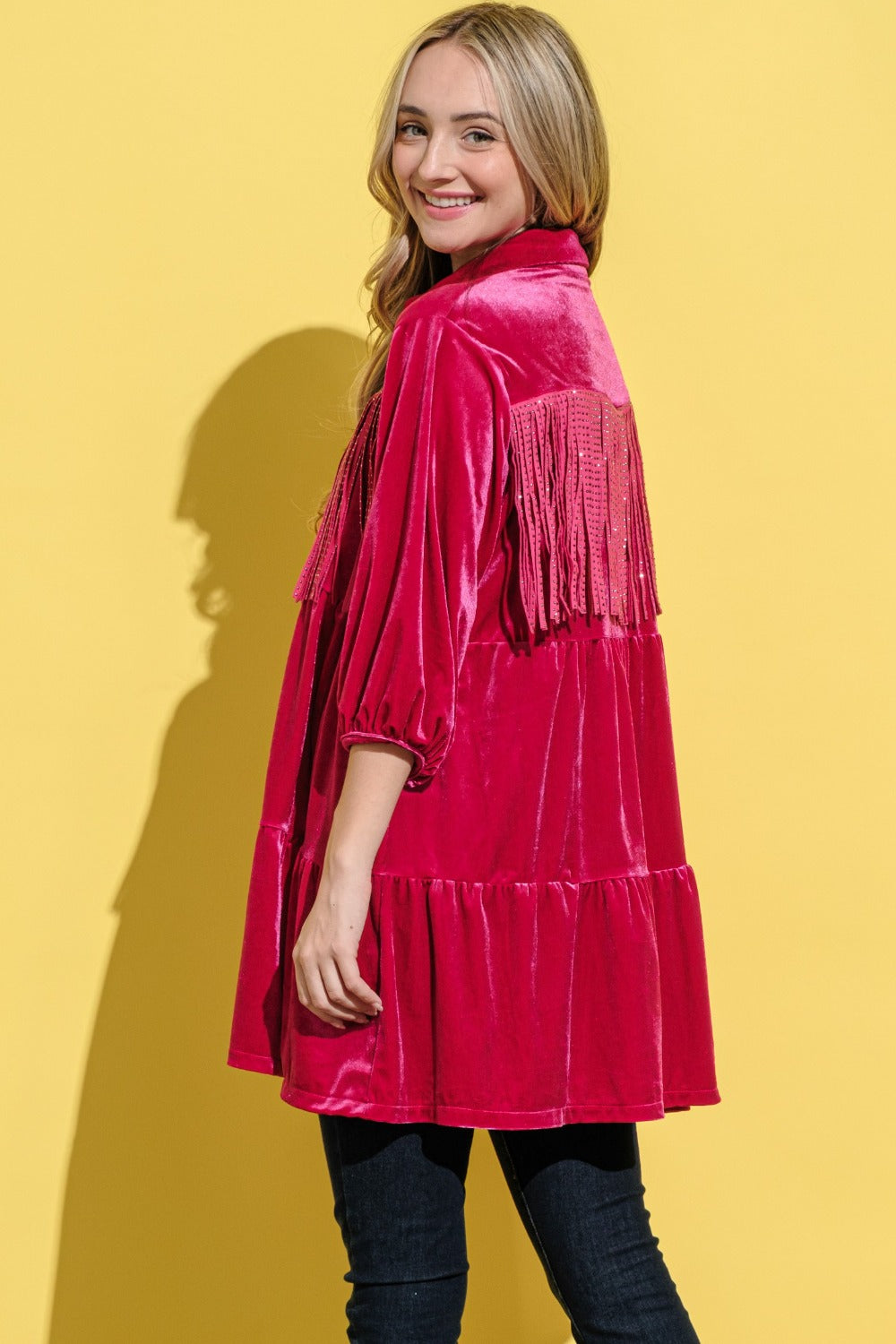 Anya Fringe Detailed Velvet Shirt Dress in Magenta