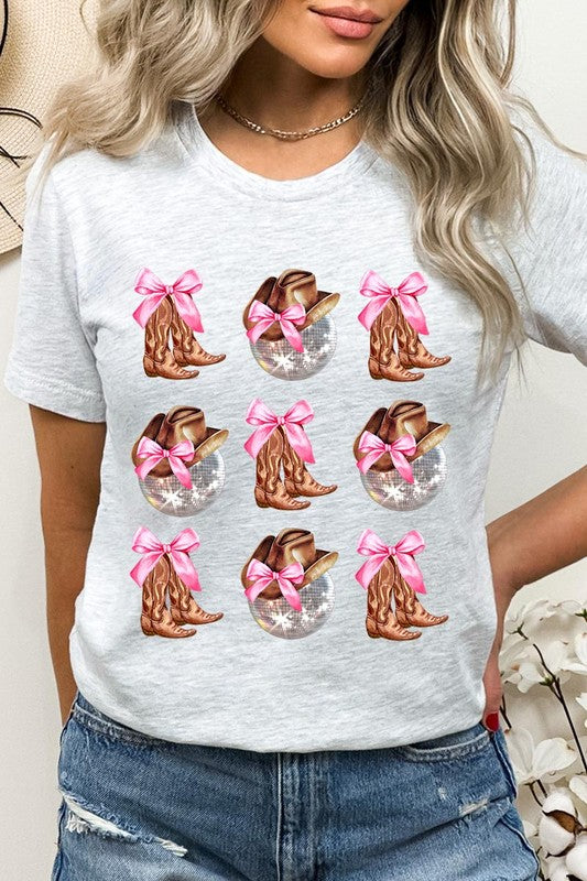 Cowgirl Boots Disco Ball Ribbon Graphic Tee