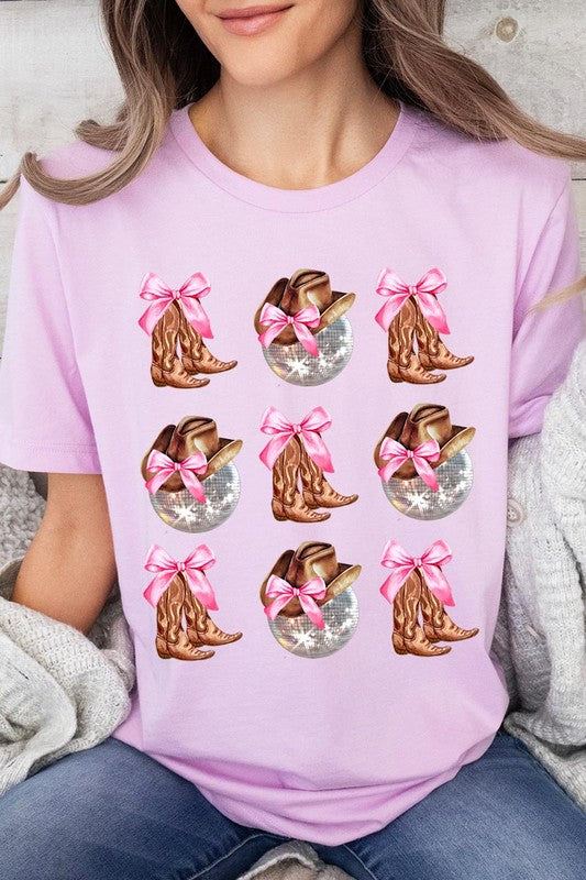 Cowgirl Boots Disco Ball Ribbon Graphic Tee