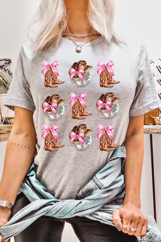 Cowgirl Boots Disco Ball Ribbon Graphic Tee