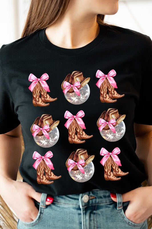 Cowgirl Boots Disco Ball Ribbon Graphic Tee