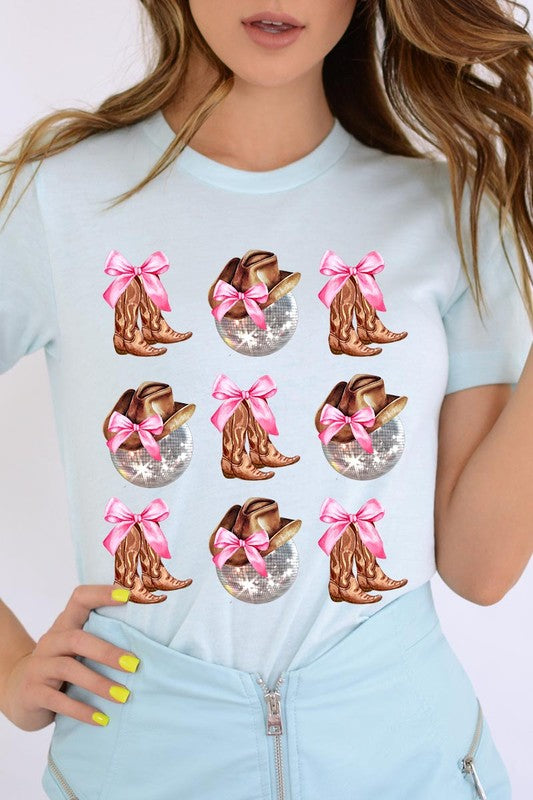 Cowgirl Boots Disco Ball Ribbon Graphic Tee