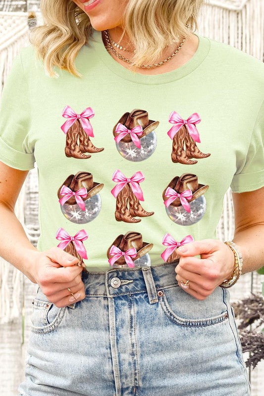 Cowgirl Boots Disco Ball Ribbon Graphic Tee