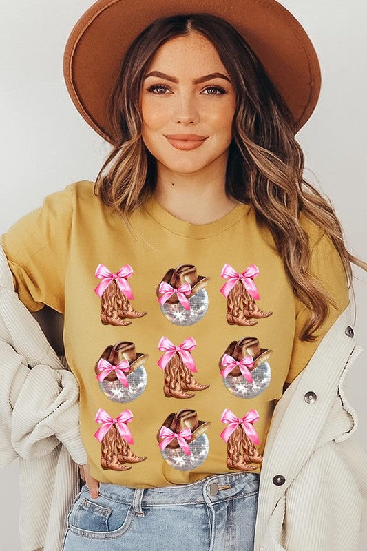 Cowgirl Boots Disco Ball Ribbon Graphic Tee