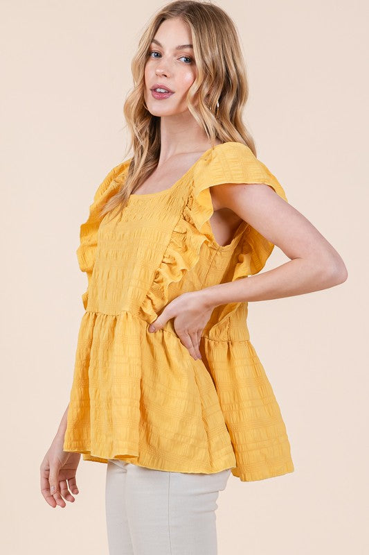 Bethany Ruffle Sleeve Textured Peplum Top