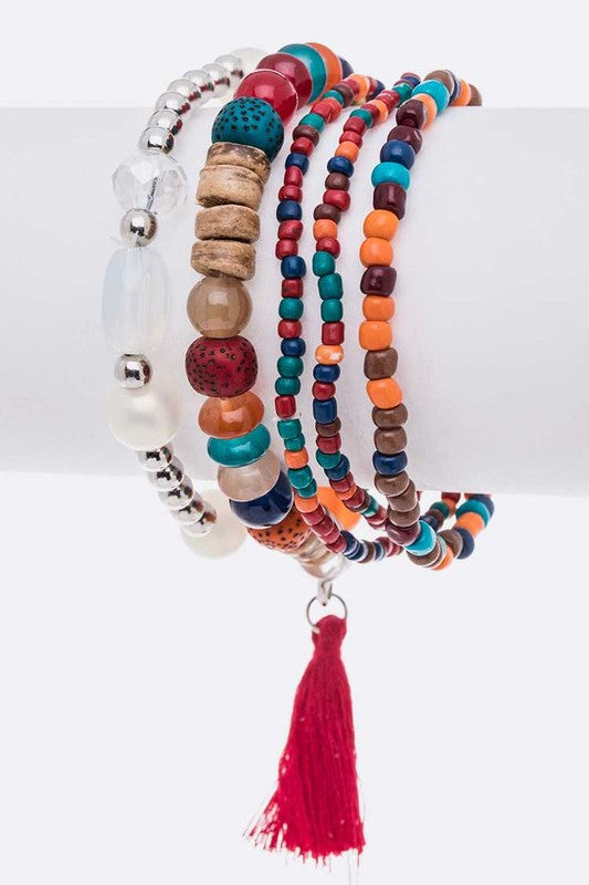 Mix Beads Tassel Layered Bracelet Set