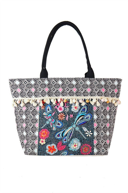 Embroidered Tassel Oversize Tote Bag