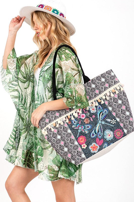 Embroidered Tassel Oversize Tote Bag