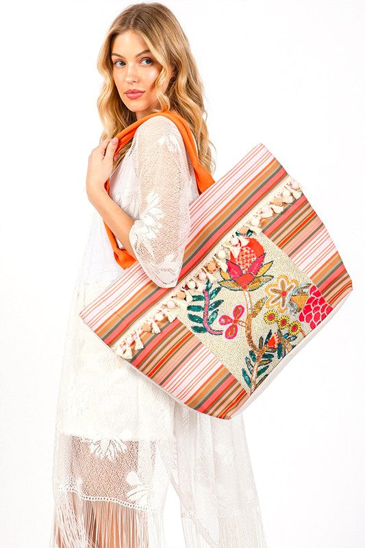 Flower Beaded Embroidered Oversize Tote Bag