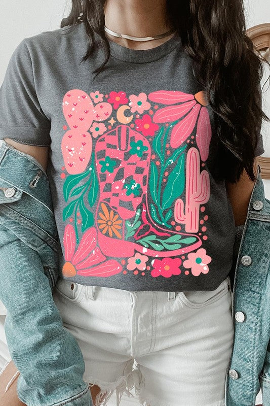 Boho Cowgirl Boot Floral Graphic Tee
