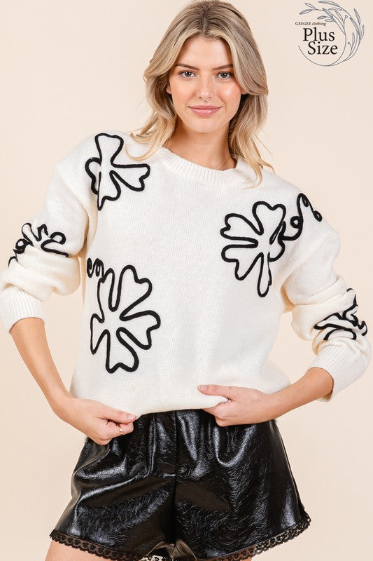 Paisley Floral Embroidered Knit Sweater Plus