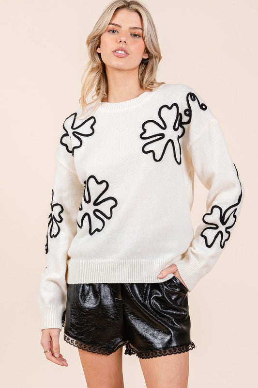 Paisley Floral Embroidered Knit Sweater Plus