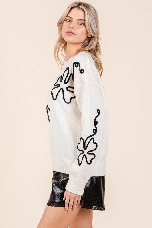 Paisley Floral Embroidered Knit Sweater Plus