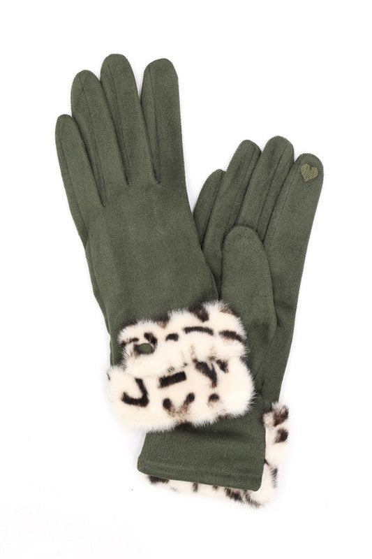 Leopard Printed Fur Trim Sueded Smart Gloves