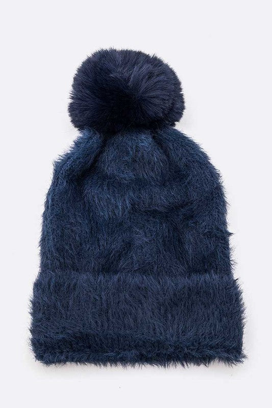 Mohair Faux Fur Pom Soft Beanie