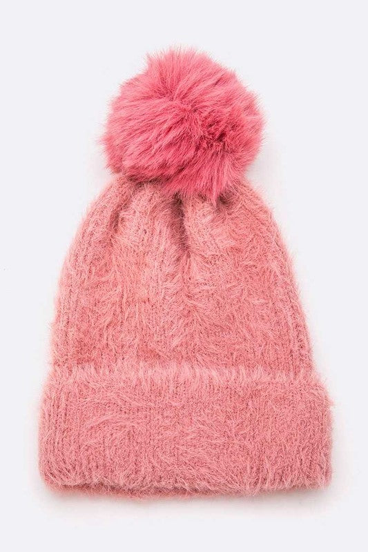 Mohair Faux Fur Pom Soft Beanie