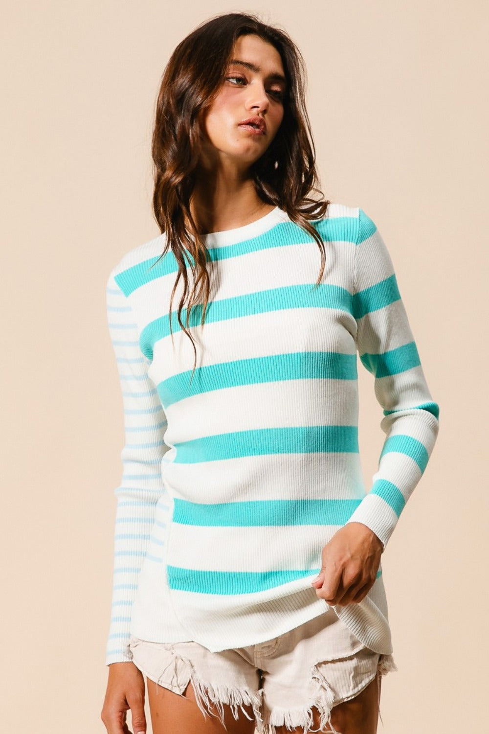 Mandy Contrast Striped Asymmetrical Hem Knit Top