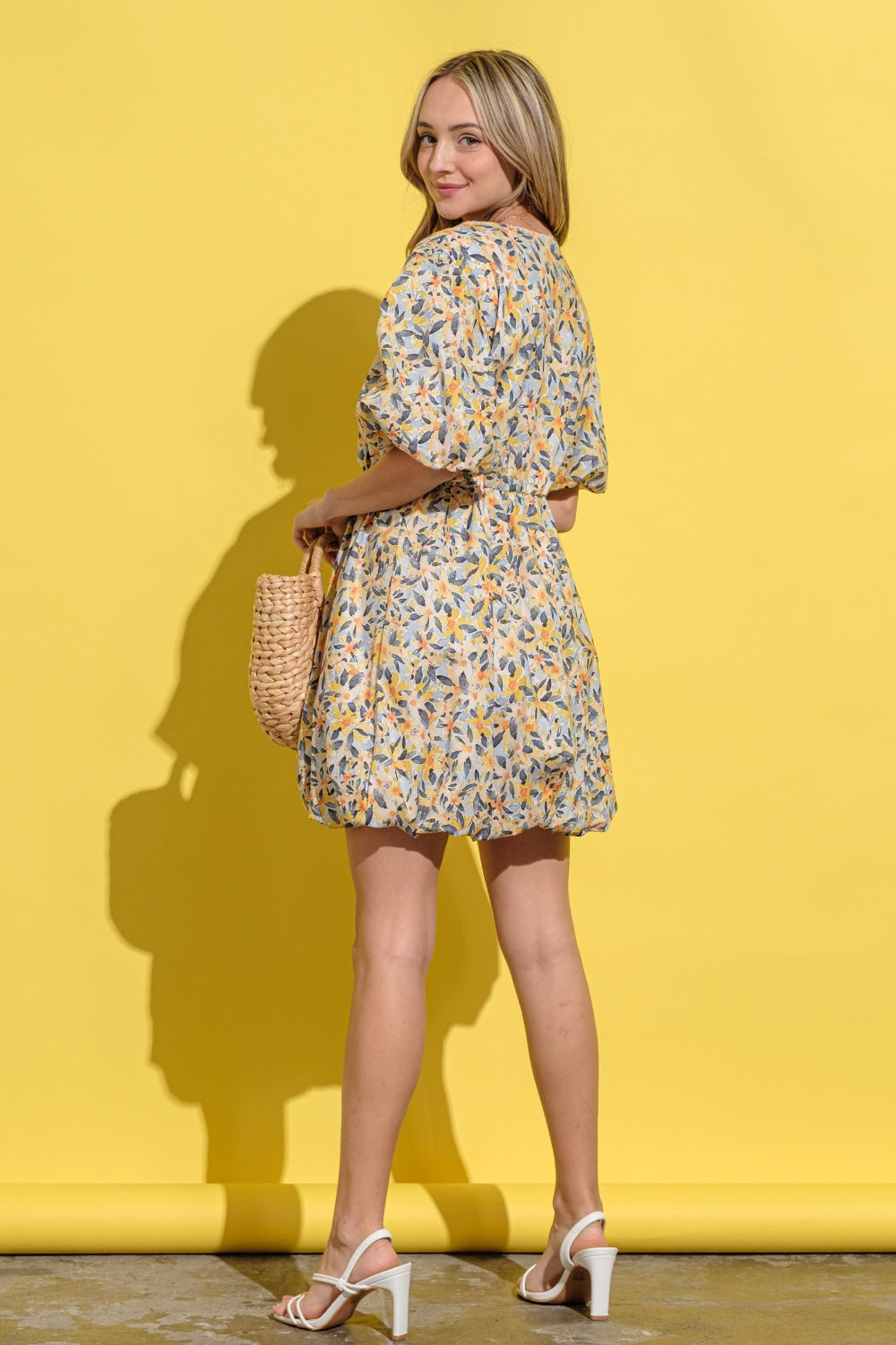 Virginia Floral Surplice Puff Sleeve Dress in Yellow