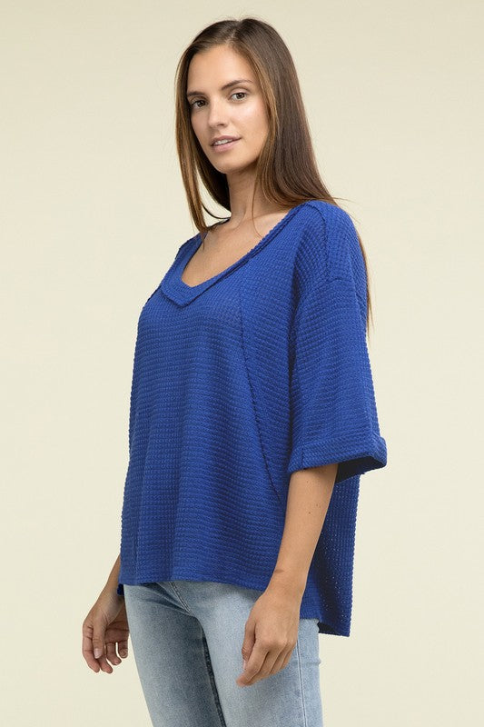 Sydney Brushed Waffle Exposed-Seam 3/4 Sleeve Top