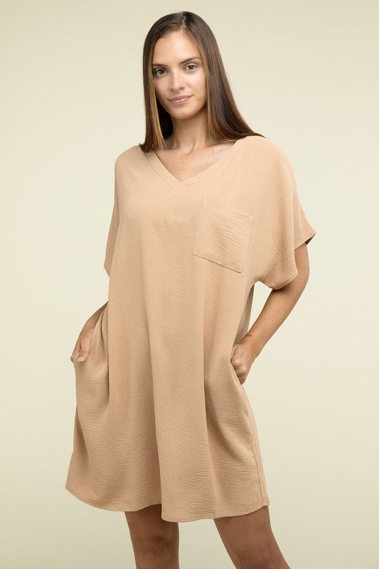 Darcy Woven V Neck T-Shirt Dress with Pockets