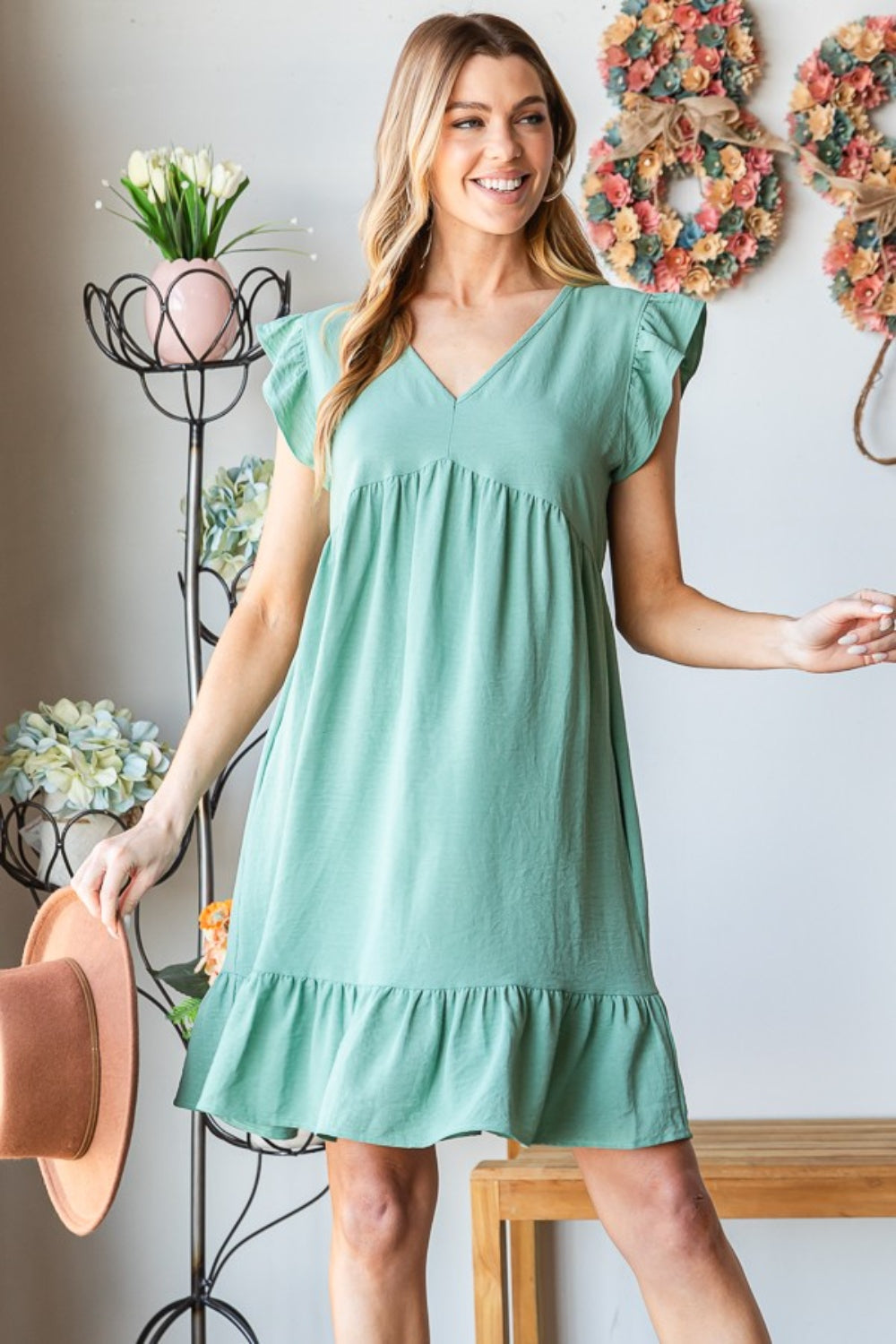 Lora V Neck Ruffled Hem Dress