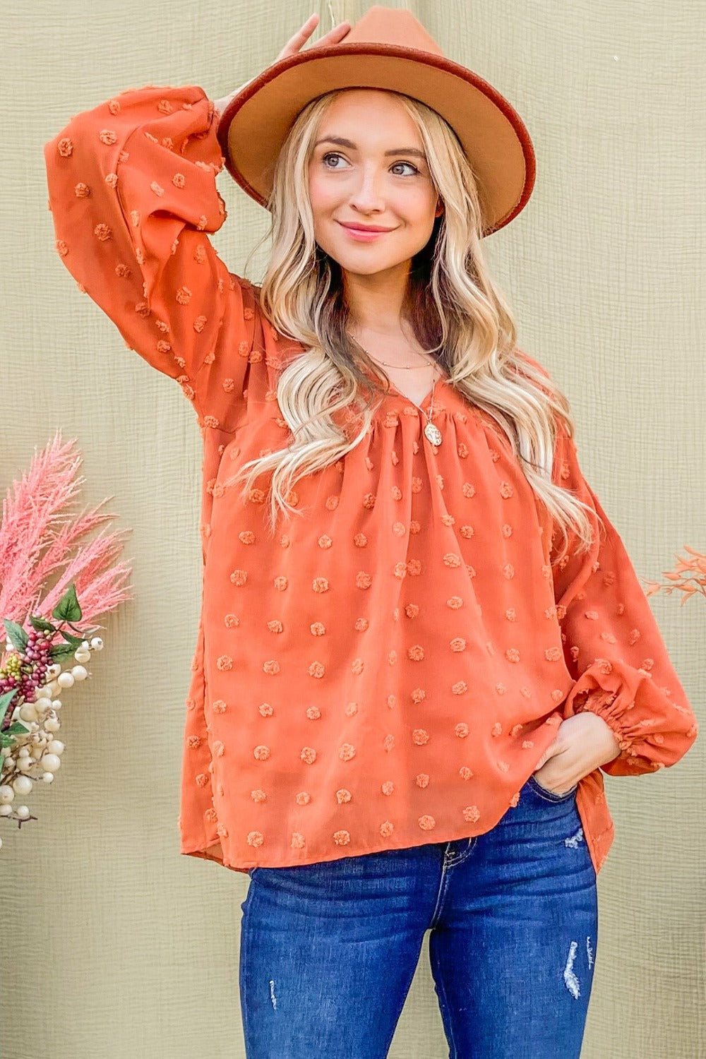 Swiss Dot V Neck Balloon Sleeve Blouse