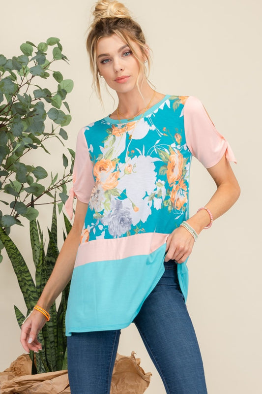 Lizzy Open Tie Sleeve Floral Contrast Top