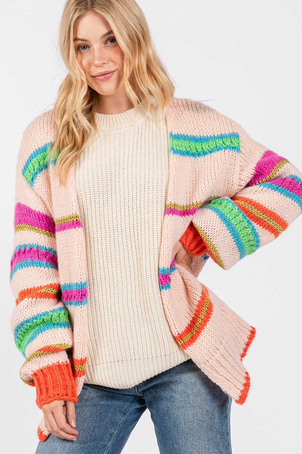 Karli Multicolor Striped Open Front Knit Cardigan