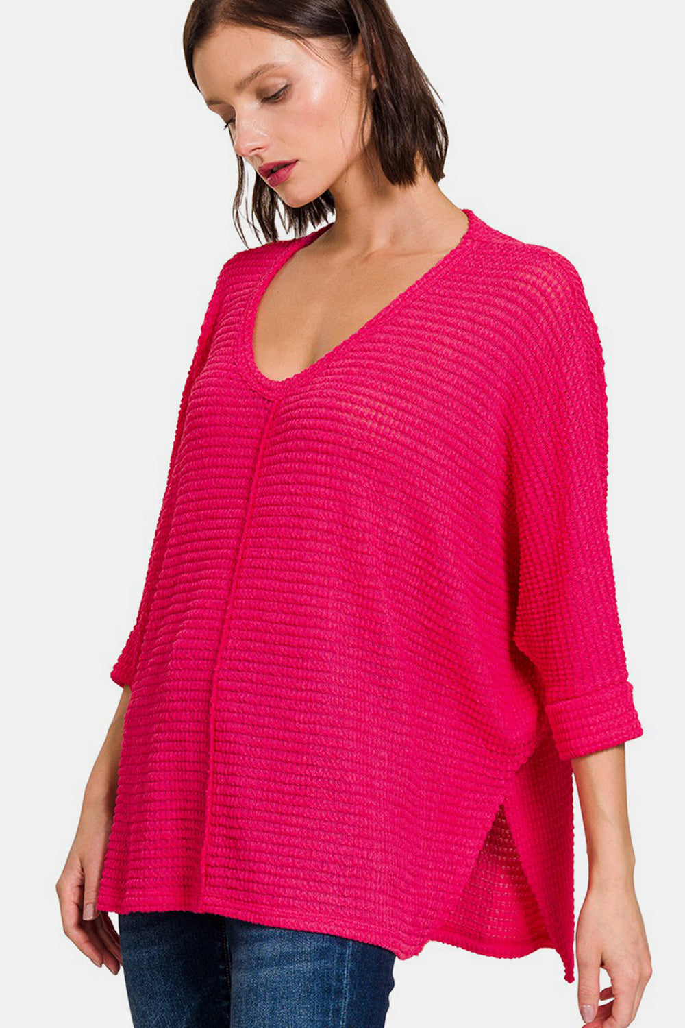 Kaia V-Neck High-Low Jacquard Knit Top