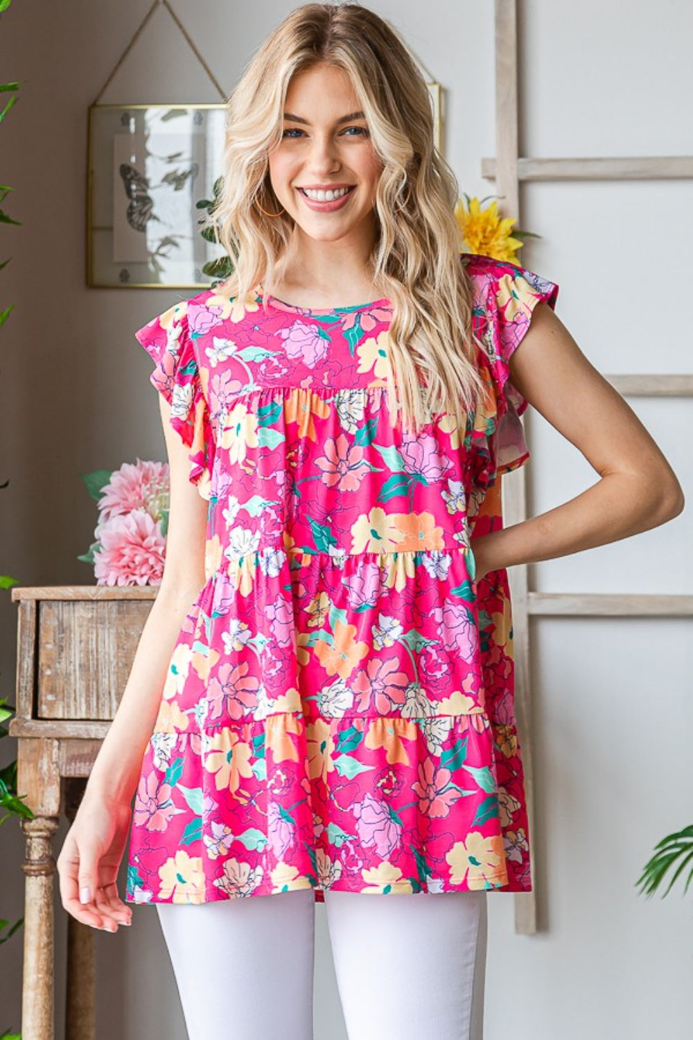 Mara Floral Ruffle Sleeve Tiered Blouse