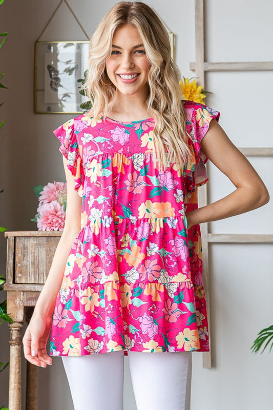 Mara Floral Ruffle Sleeve Tiered Blouse