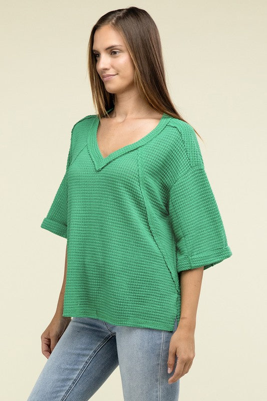 Sydney Brushed Waffle Exposed-Seam 3/4 Sleeve Top