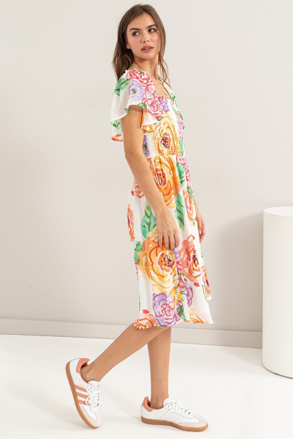 Didi Floral Flutter Sleeve Smocked Dress