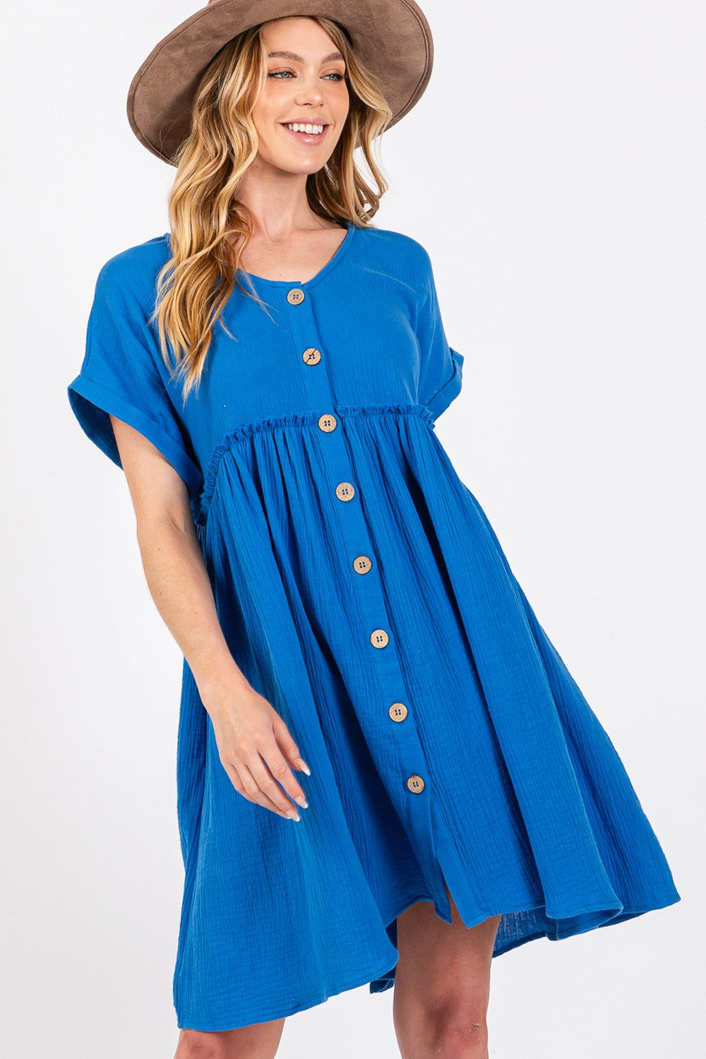 Kami Button Up Short Sleeve Dress in Blue