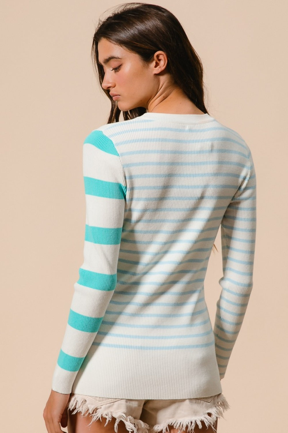 Mandy Contrast Striped Asymmetrical Hem Knit Top