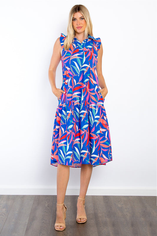 Kathy Print Ruffled Midi Dress with Pockets