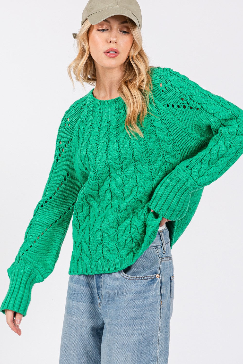 Cable-Knit Long Sleeve Sweater in Emerald