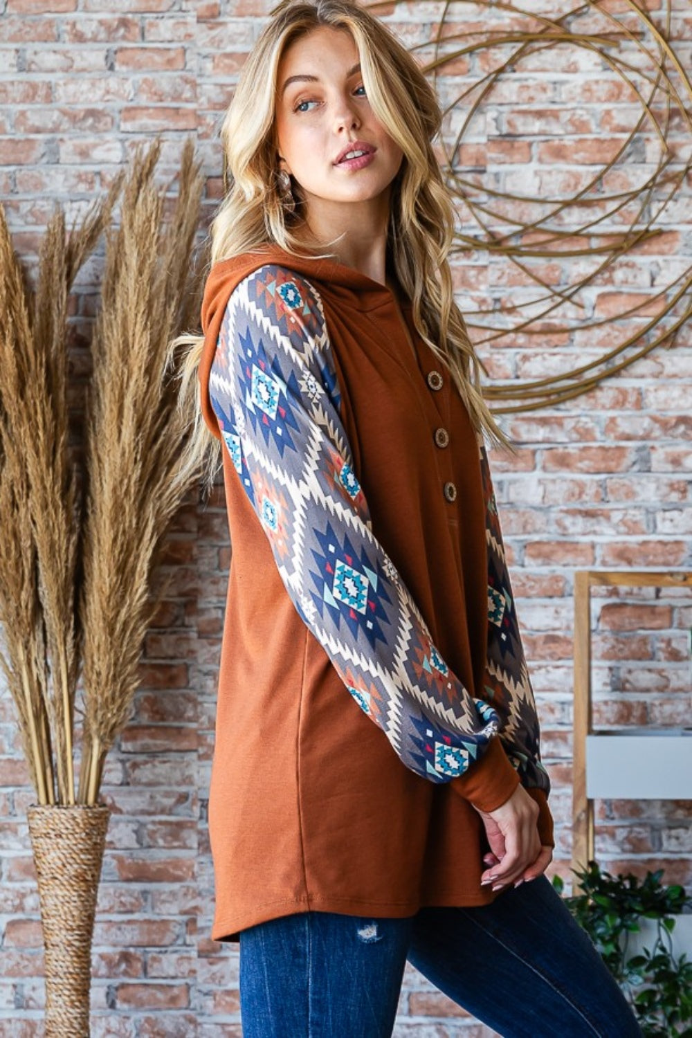 Reagan Half Button Printed Hooded Top in Mocha Brown