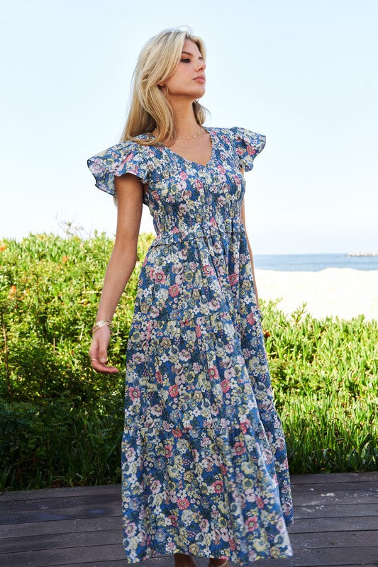 Marlena Floral Flutter Smocking Midi Dress