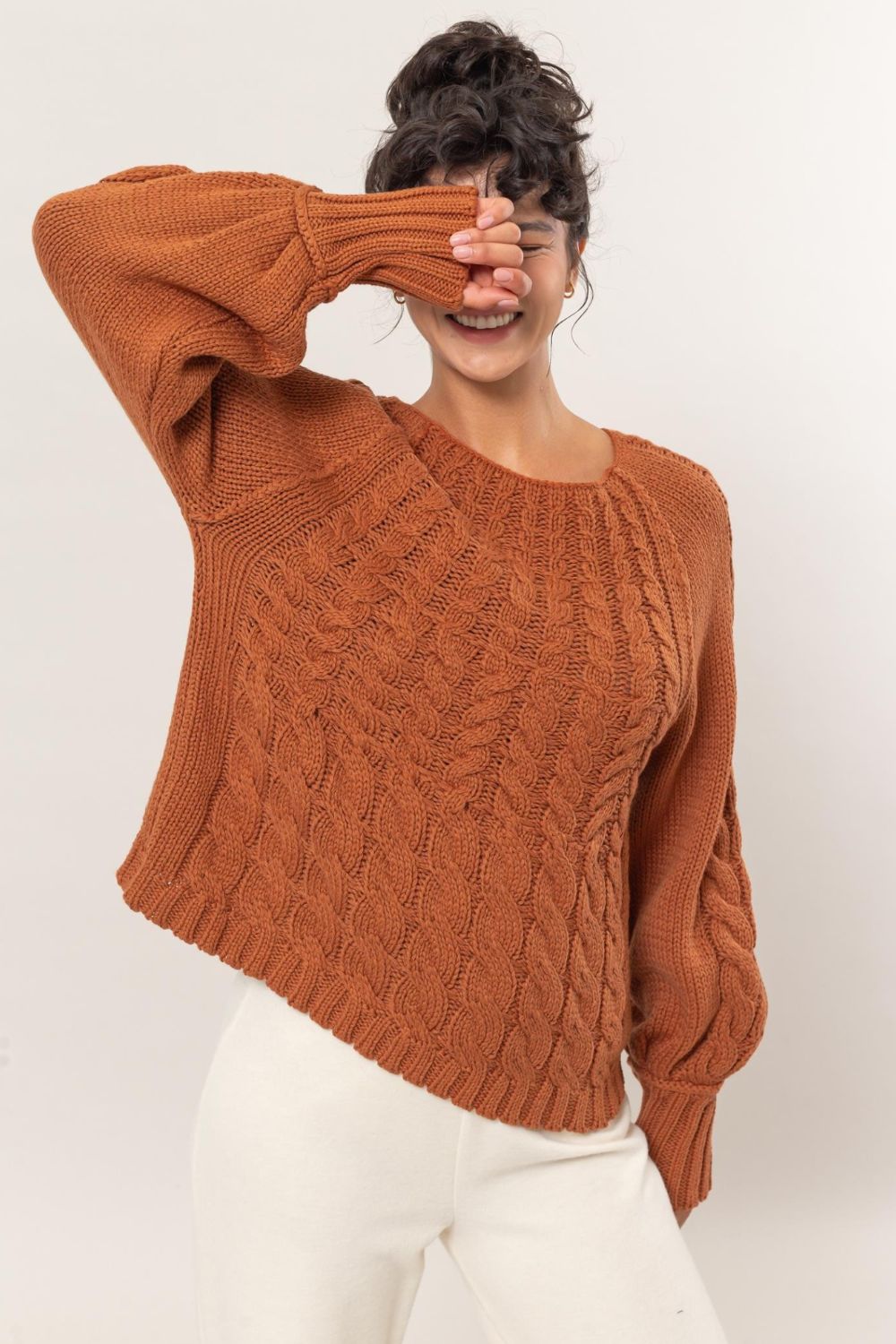 Corrie Cable-Knit Round Neck Raglan Sleeve Sweater