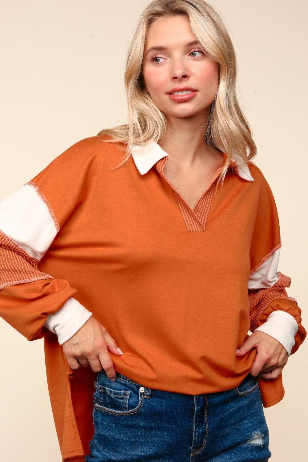 Gibby Color Block Exposed Seam Long Sleeve Top