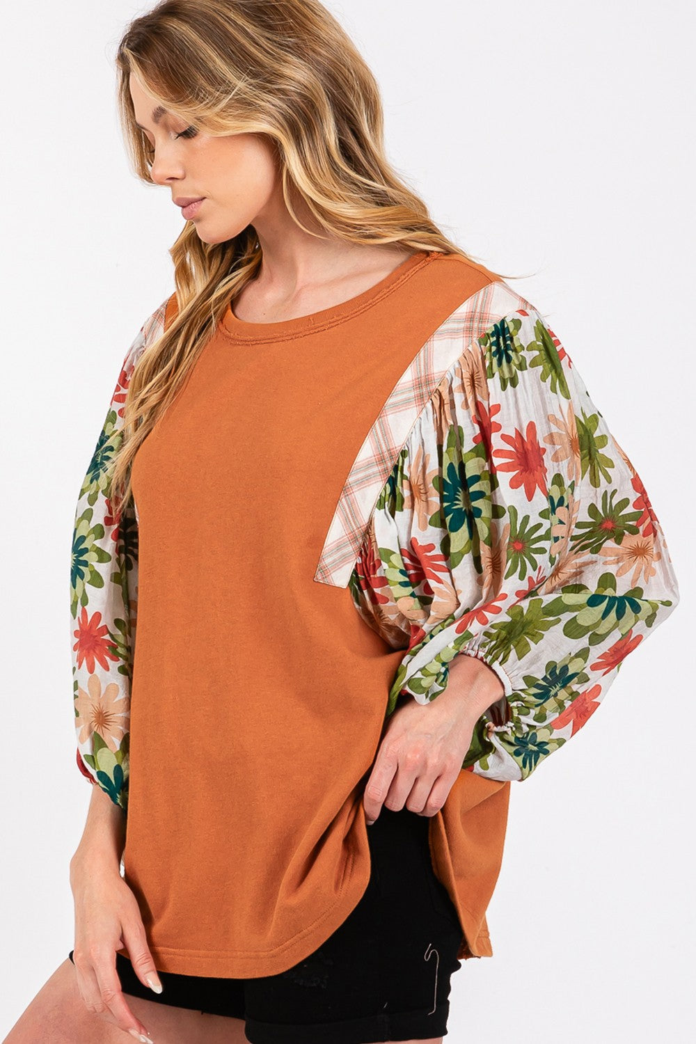 Printed Balloon Sleeve Contrast Top