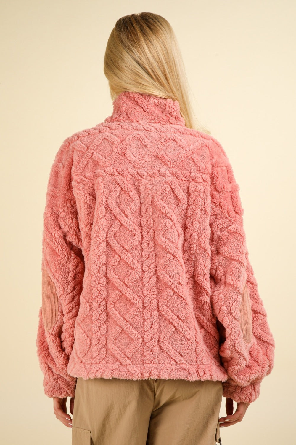 Mindy Fuzzy Fleece Half Zip Cable Pattern Sweatshirt